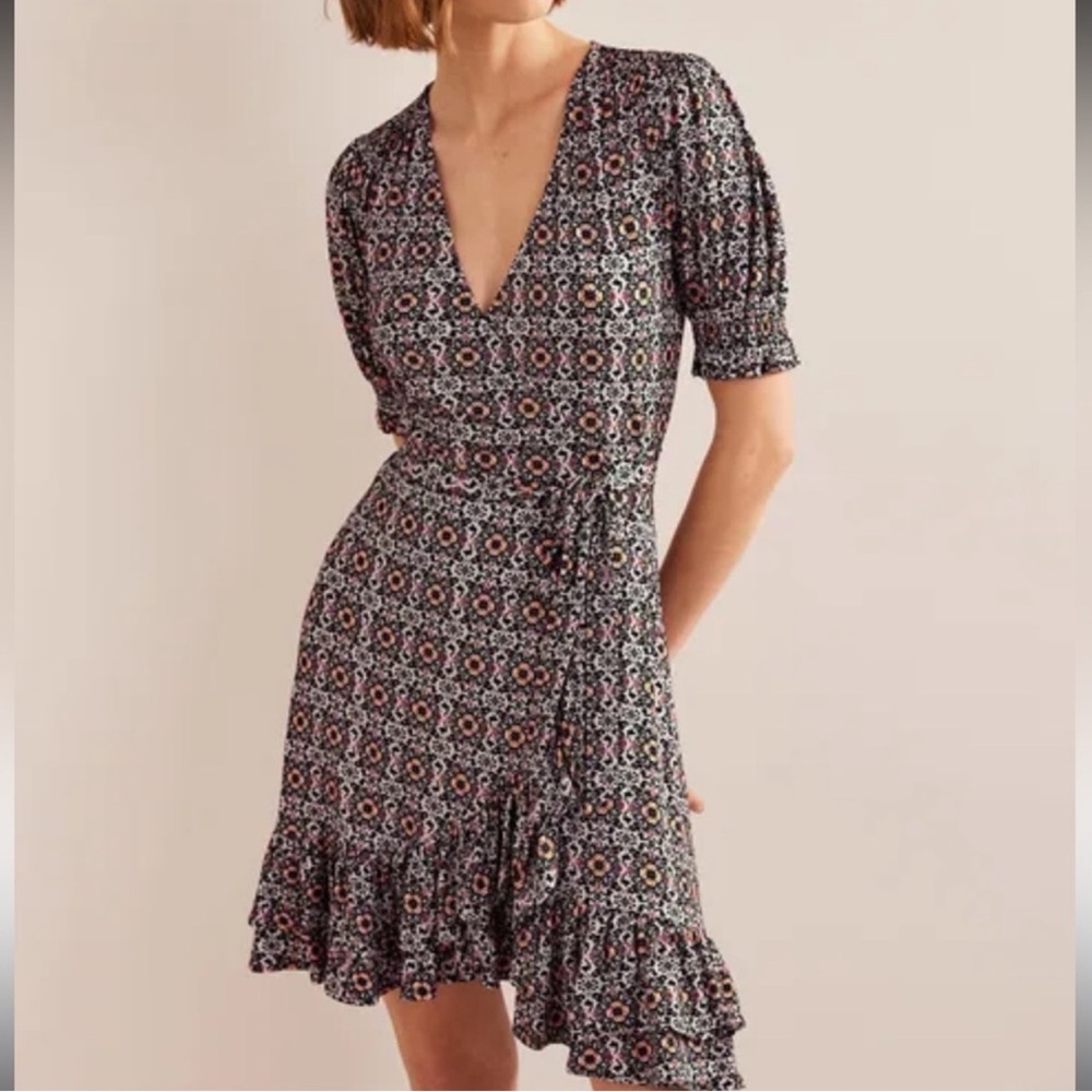 Boden Black Opulent Pome Ruffle Wrap Jersey Mini Dress